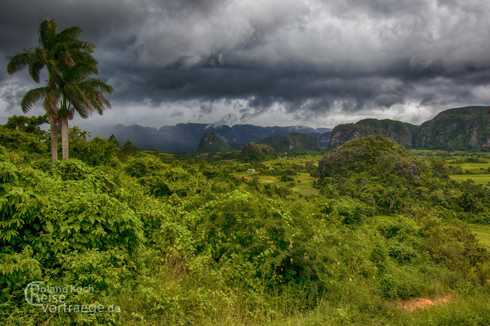 Cuba, Vinales, Panoramic view over Vinales with a thunderstorm